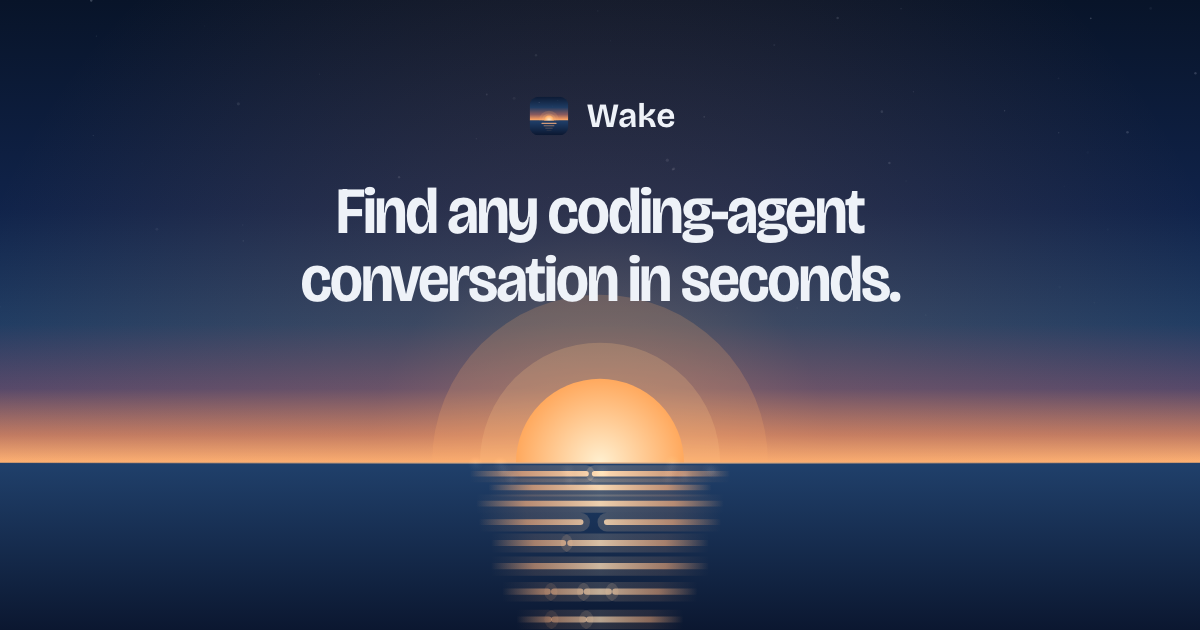 Dunkle Wake Oberfläche mit einer Liste von Coding Agenten, Projektsitzungen und geöffnetem Gesprächsverlauf